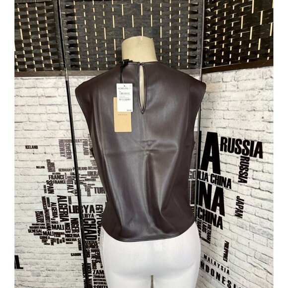Halogen Nordstrom L Chocolate Brown Faux Leather Crew Neck Sleeveless Shell Top - Picture 2 of 5